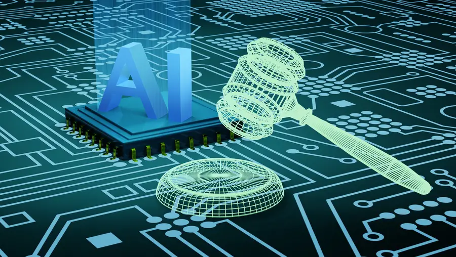 Alphabets AI on advanced central processing unit (CPU) chip and gavel and sound block in wireframe on electronic mother boards. Illustration of the concept of legislation and regulations of AI Act.